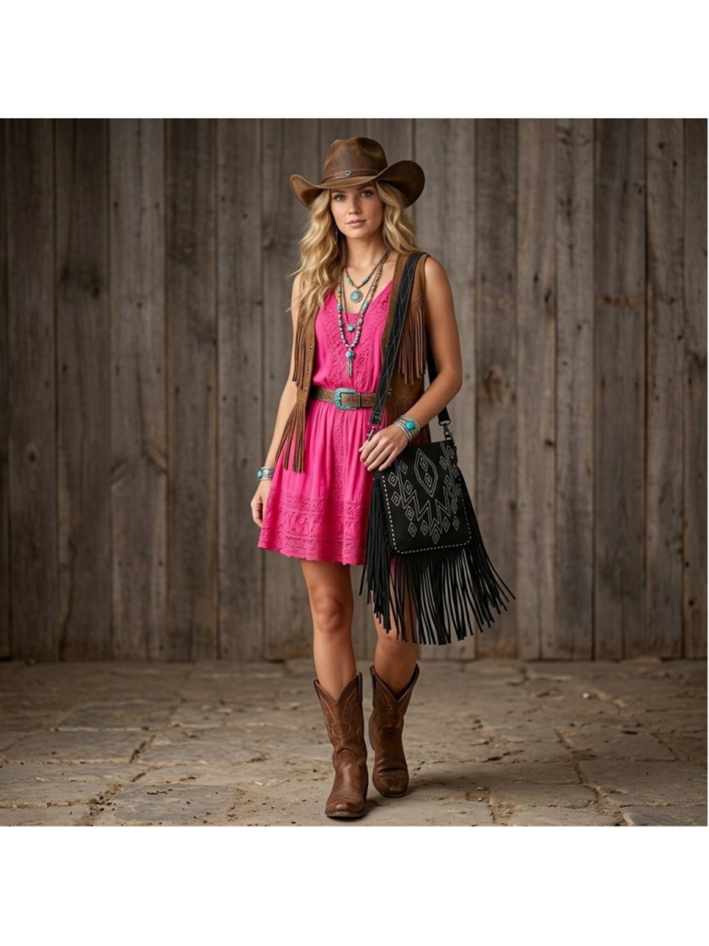 American Darling Black Suede Stitched Boho Fringe Western Crossbody Bag